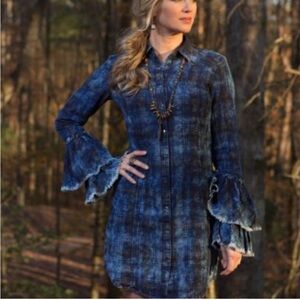 Rodeo Ready! Ryan Michael Women's Indigo Plaid Tiered Sleeve Dress in Size XL.